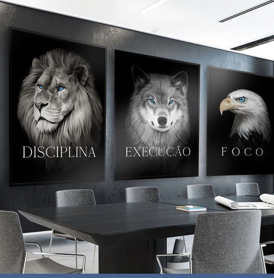 Discipline Focus Execution – Lion, Wolf & Eagle Motivational Wall Art (Set of 3) | Premium Aluminum Print by Elite Prrintex