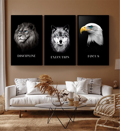 Discipline | Focus | Execution — Lion, Wolf & Eagle B&W Wall Art