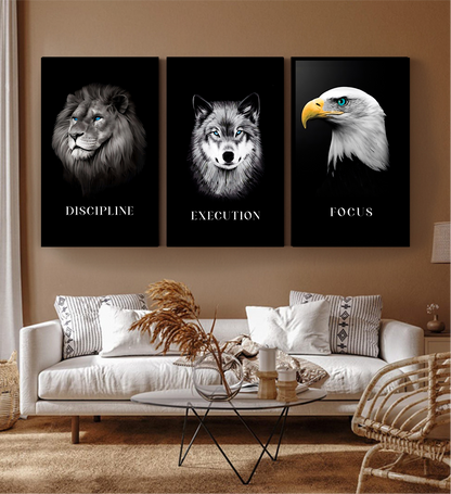 Discipline | Focus | Execution — Lion, Wolf & Eagle B&W Wall Art