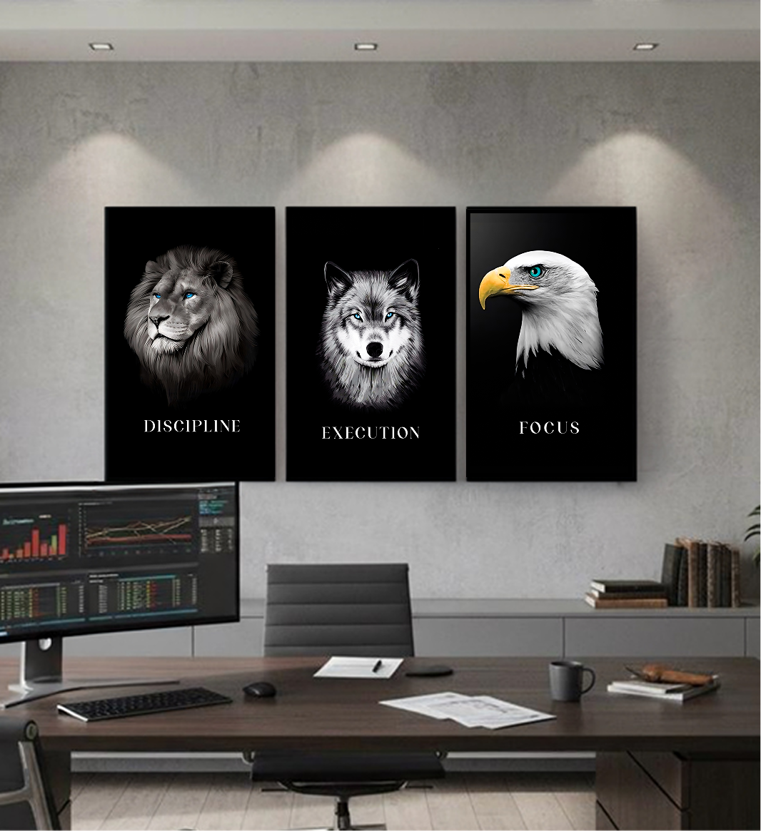 Discipline | Focus | Execution — Lion, Wolf & Eagle B&W Wall Art