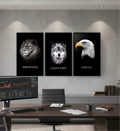 Discipline | Focus | Execution — Lion, Wolf & Eagle B&W Wall Art