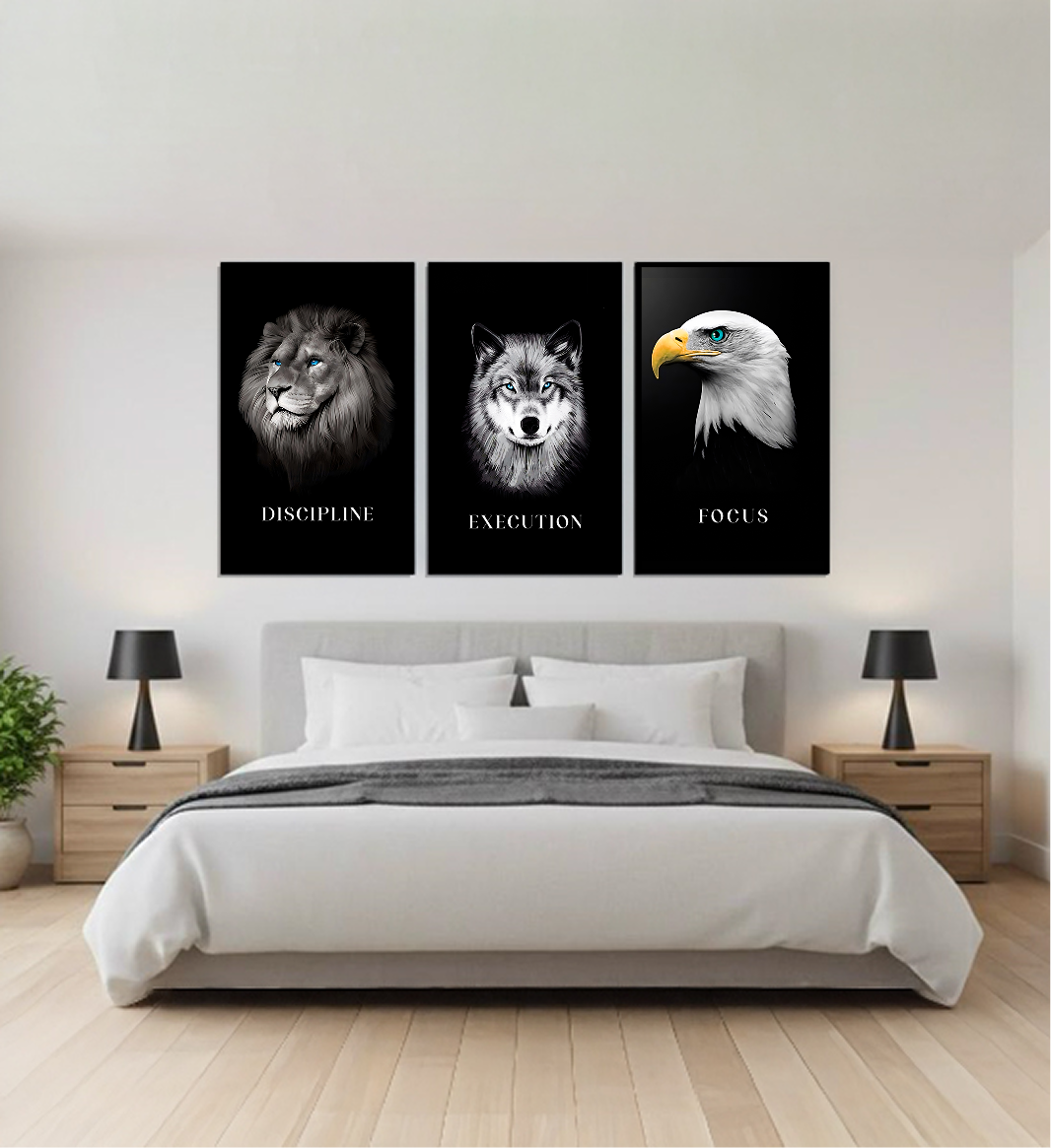 Discipline | Focus | Execution — Lion, Wolf & Eagle B&W Wall Art