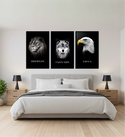 Discipline | Focus | Execution — Lion, Wolf & Eagle B&W Wall Art