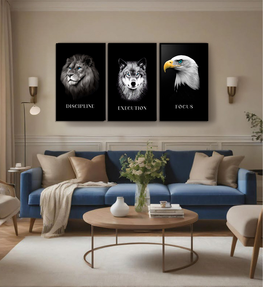 Discipline | Focus | Execution — Lion, Wolf & Eagle B&W Wall Art