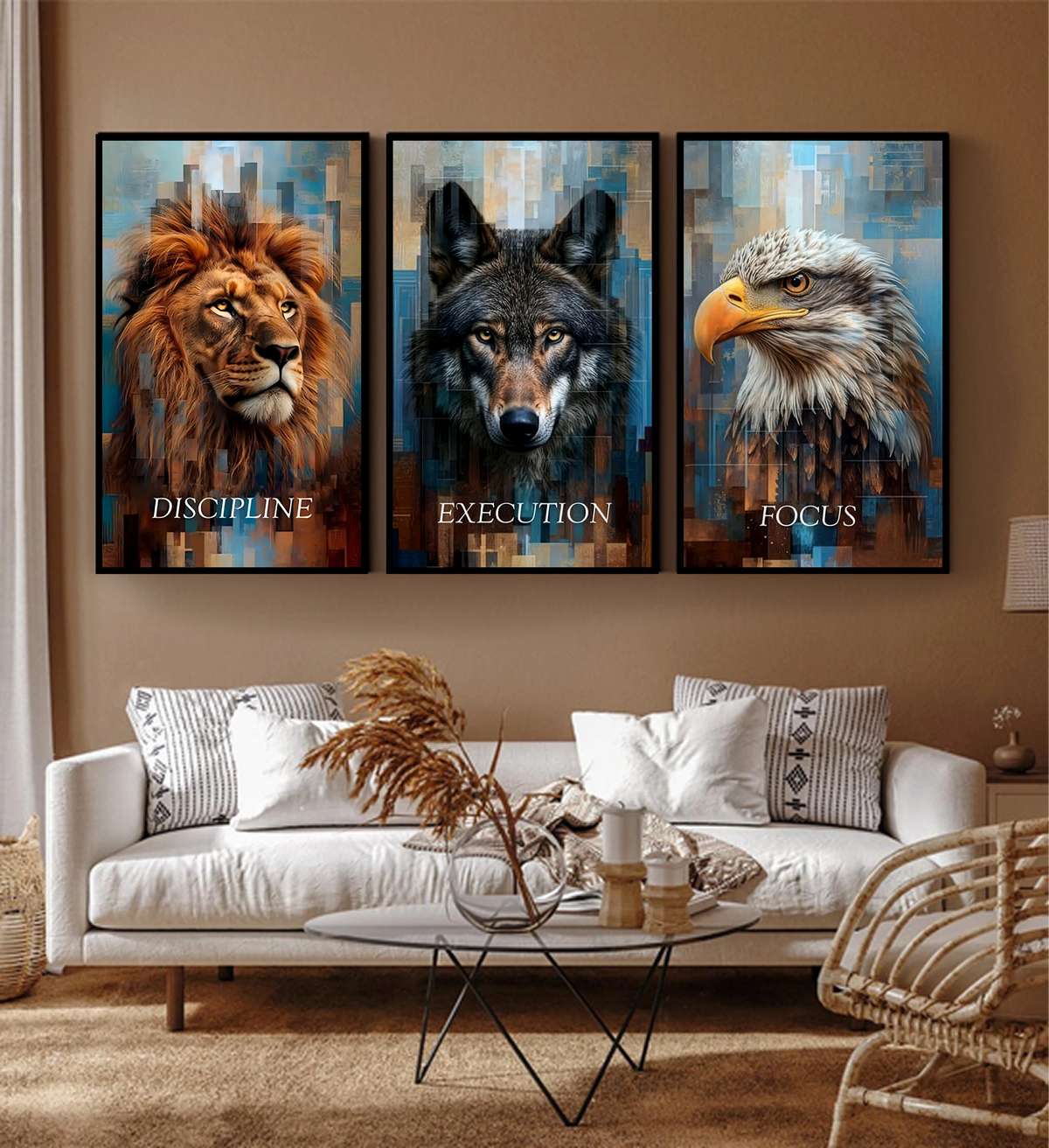 Discipline | Execution | Focus — Lion, Wolf & Eagle Vivid Colour Metal Wall Art (Set of 3)