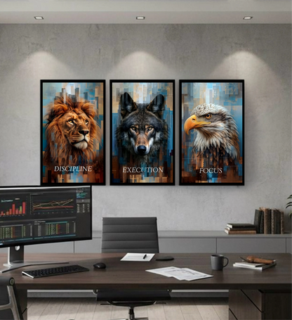 Discipline | Execution | Focus — Lion, Wolf & Eagle Vivid Colour Metal Wall Art (Set of 3)