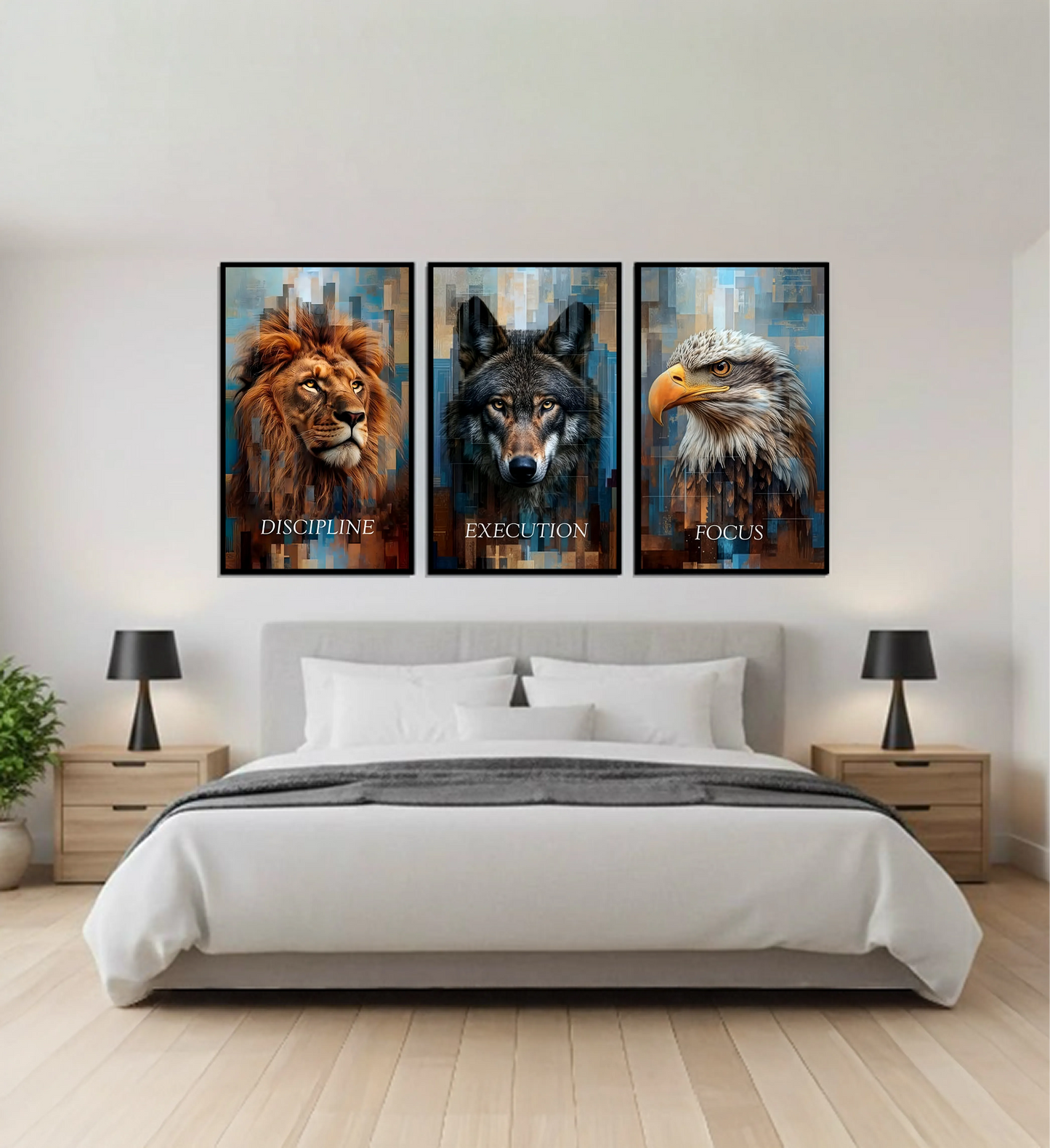 Discipline | Execution | Focus — Lion, Wolf & Eagle Vivid Colour Metal Wall Art (Set of 3)