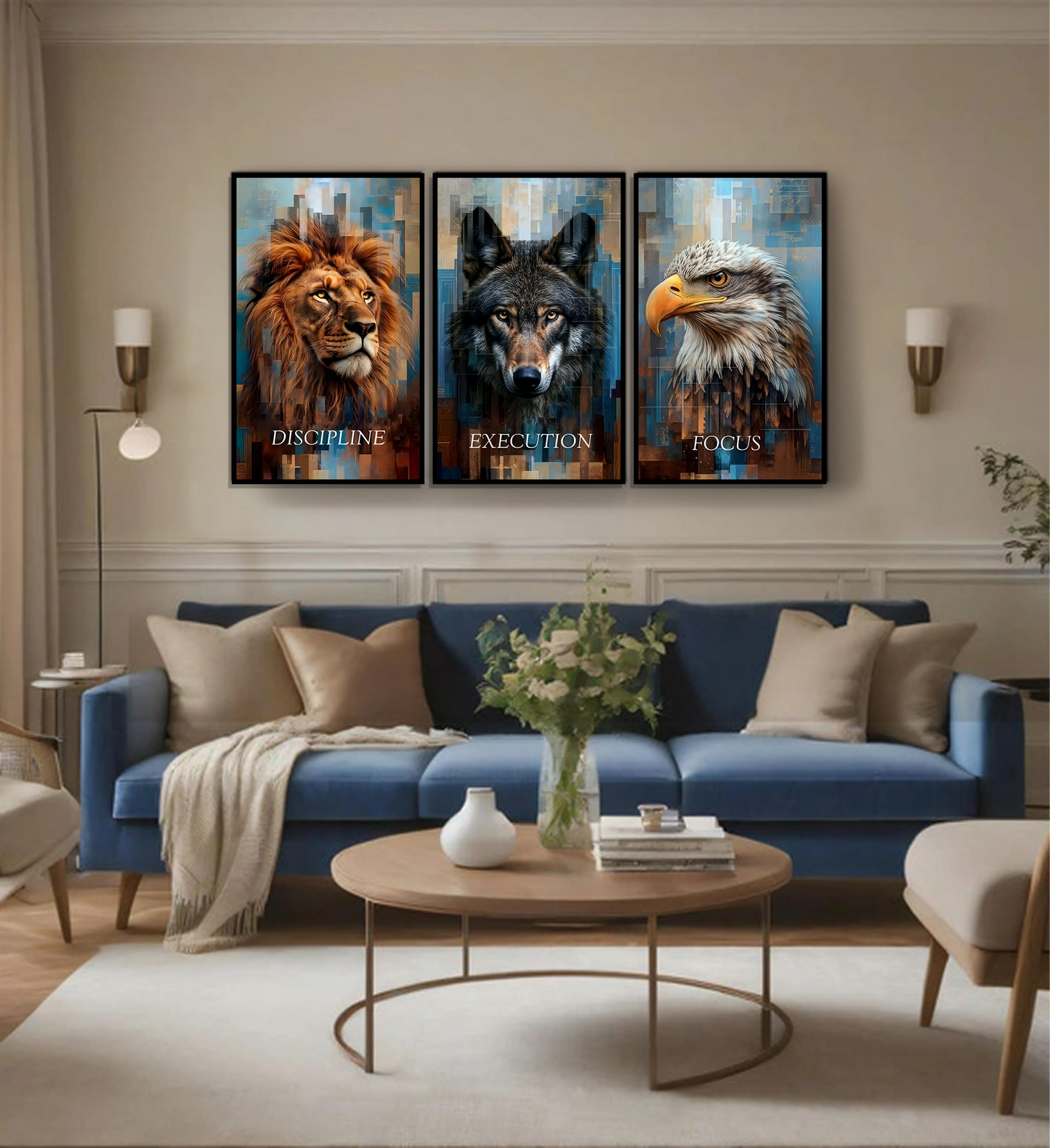 Discipline | Execution | Focus — Lion, Wolf & Eagle Vivid Colour Metal Wall Art (Set of 3)