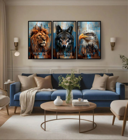 Discipline | Execution | Focus — Lion, Wolf & Eagle Vivid Colour Metal Wall Art (Set of 3)