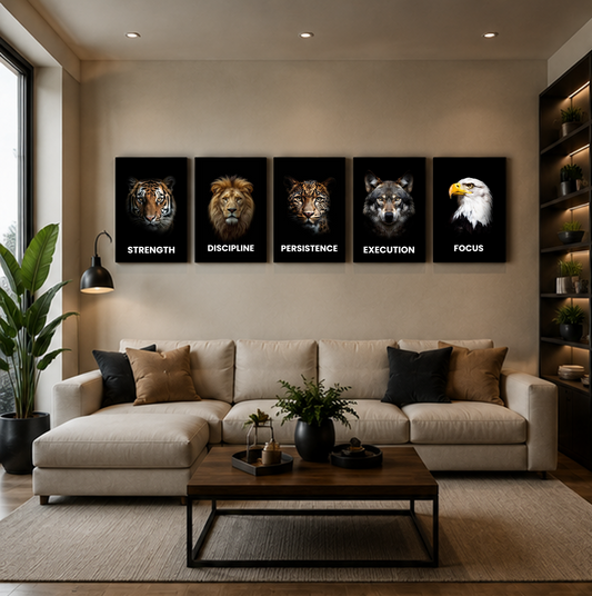 Alpha Mindset — 5-Piece B&W Metal Wall Art | Discipline, Focus, Execution, Persistence & Strength