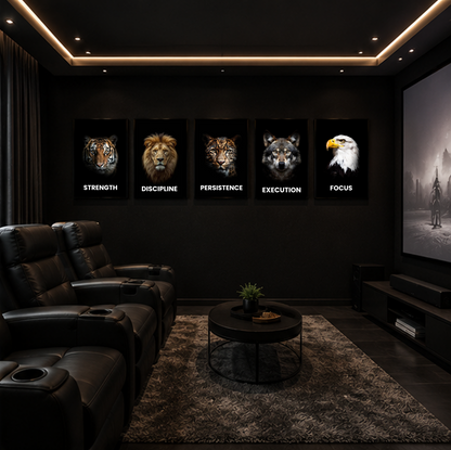 Alpha Mindset — 5-Piece B&W Metal Wall Art | Discipline, Focus, Execution, Persistence & Strength