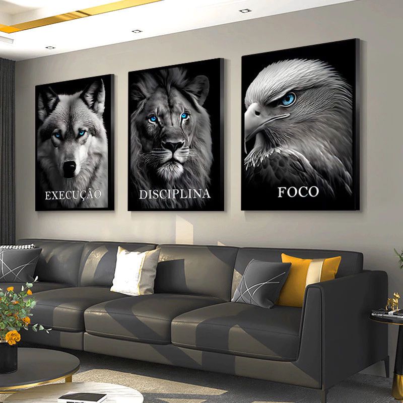 Discipline Focus Execution – Lion, Wolf & Eagle Motivational Wall Art (Set of 3) | Premium Aluminum Print by Elite Prrintex
