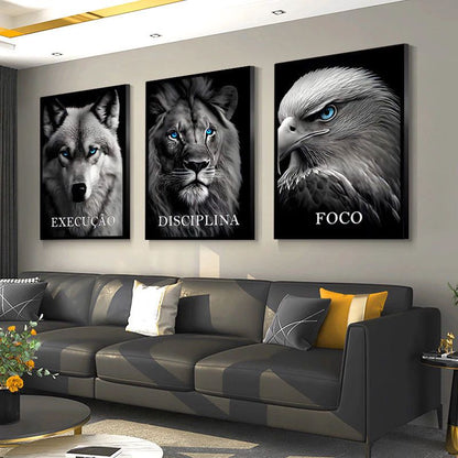 Discipline Focus Execution – Lion, Wolf & Eagle Motivational Wall Art (Set of 3) | Premium Aluminum Print by Elite Prrintex
