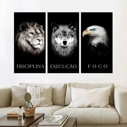 Discipline Focus Execution – Lion, Wolf & Eagle Motivational Wall Art (Set of 3) | Premium Aluminum Print by Elite Prrintex