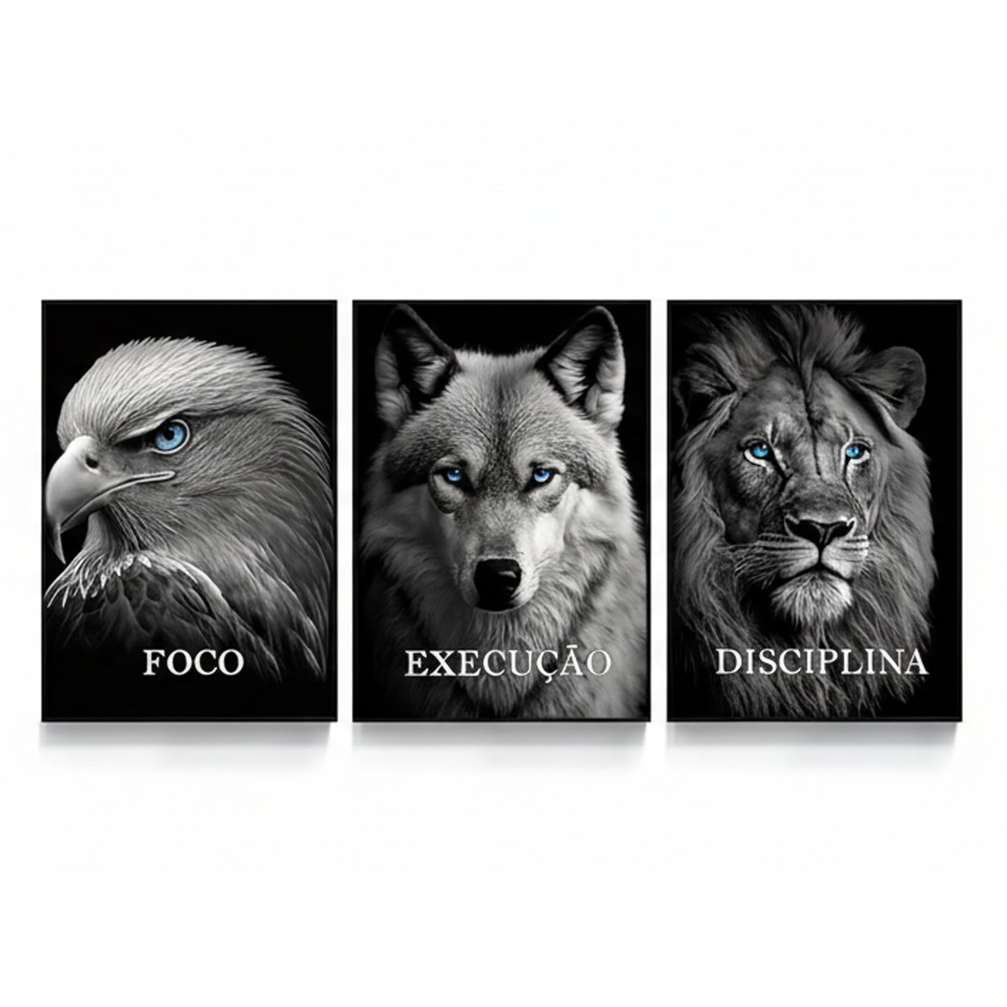 Discipline Focus Execution – Lion, Wolf & Eagle Motivational Wall Art (Set of 3) | Premium Aluminum Print by Elite Prrintex