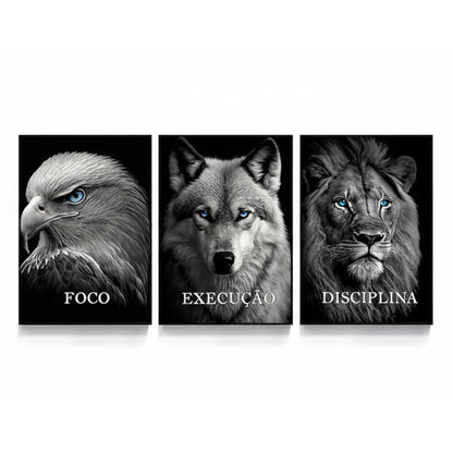 Discipline Focus Execution – Lion, Wolf & Eagle Motivational Wall Art (Set of 3) | Premium Aluminum Print by Elite Prrintex