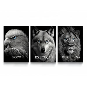 Discipline Focus Execution – Lion, Wolf & Eagle Motivational Wall Art (Set of 3) | Premium Aluminum Print by Elite Prrintex