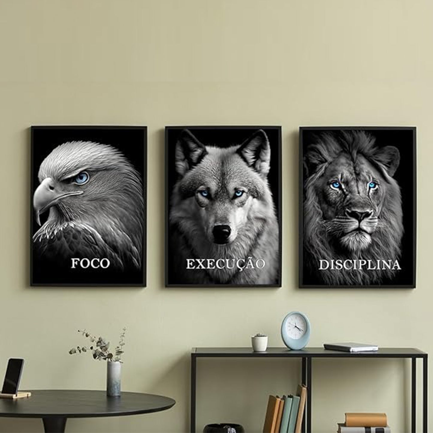 Discipline Focus Execution – Lion, Wolf & Eagle Motivational Wall Art (Set of 3) | Premium Aluminum Print by Elite Prrintex