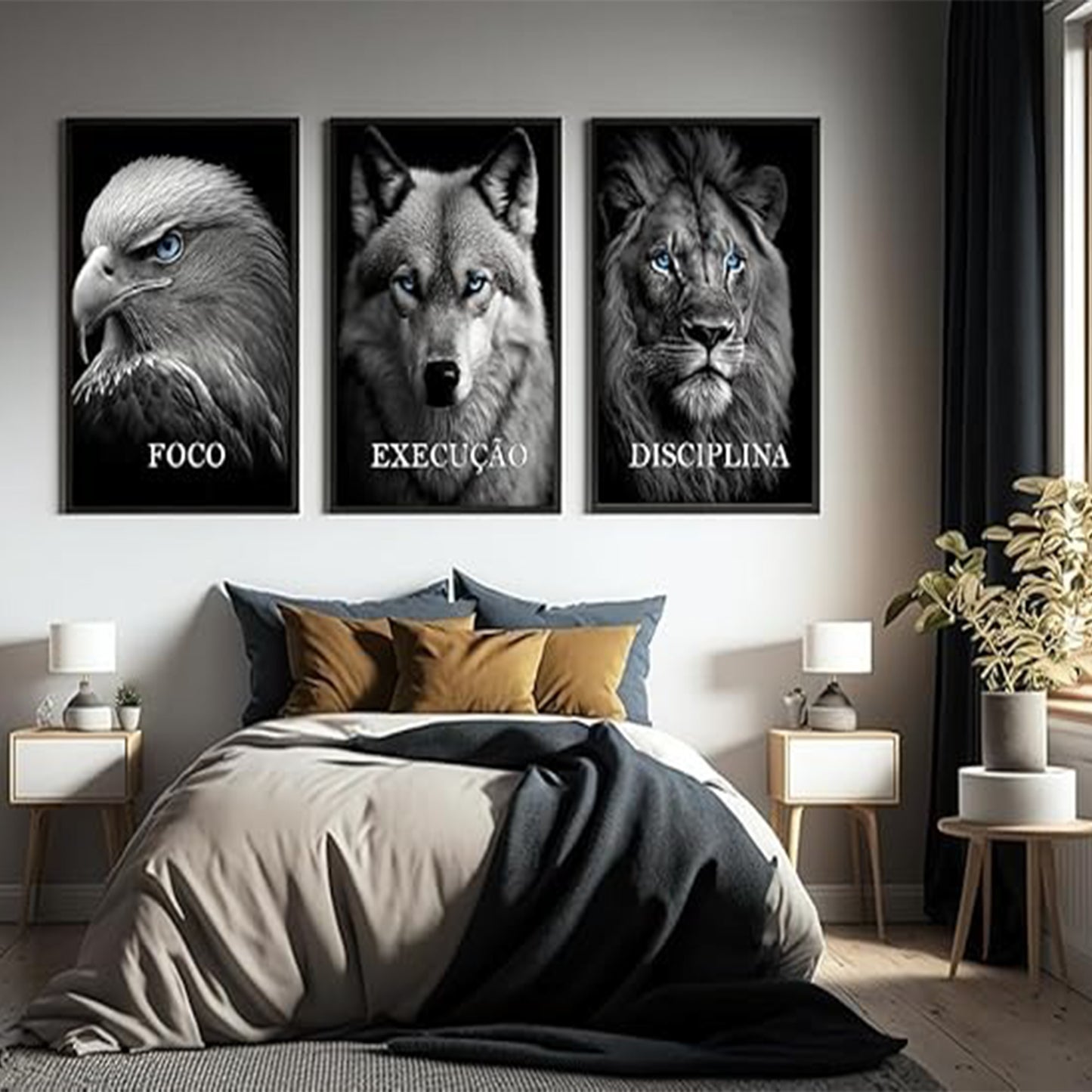 Discipline Focus Execution – Lion, Wolf & Eagle Motivational Wall Art (Set of 3) | Premium Aluminum Print by Elite Prrintex